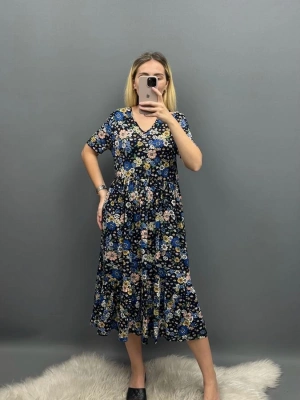 V Yaka Belden Büzgülü Renkli Çiçekli Elbise