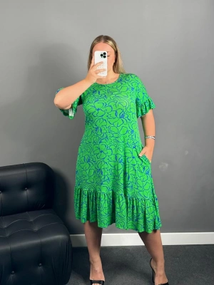 Yeşil Mavi Cepli Penye Elbise