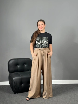 Tensel Kumaş Kahverengi Yüksek Bel Cepli Pantolon