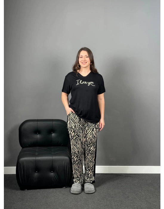 A Kalite Altı Zebra Desen I Love You Pijama Takımı