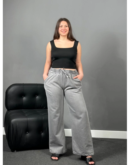 Açık Gri Beli Lastikli Kot Pantolon