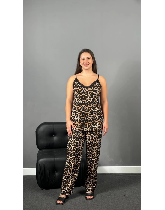A Kalite Leopar Askılı Uzun Pijama Takımı
