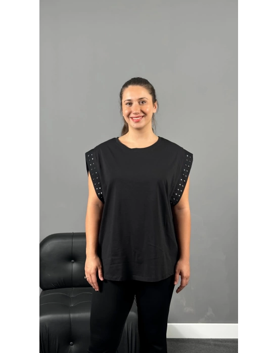 Siyah Taş Detaylı Pamuklu Tshirt