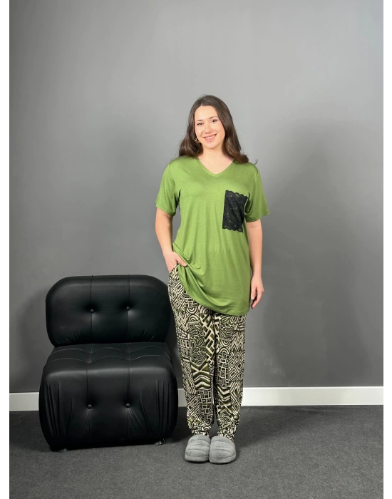 A Kalite Yeşil Dantel Cep Detaylı Pijama Takımı