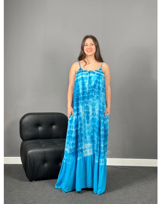 Askılı Mavi Batik Dokuma Elbise