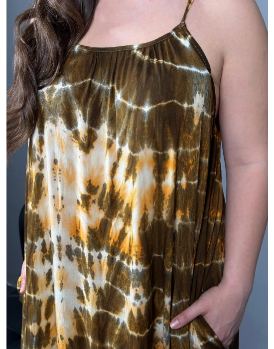 Askılı Turuncu Batik Dokuma Elbise
