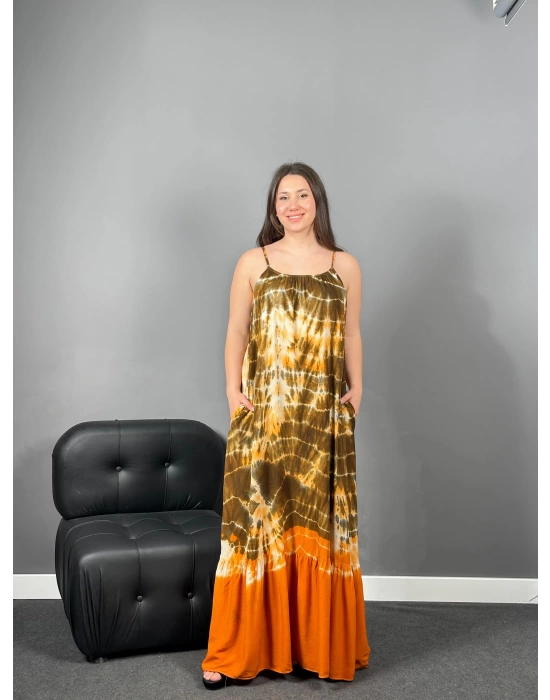 Askılı Turuncu Batik Dokuma Elbise