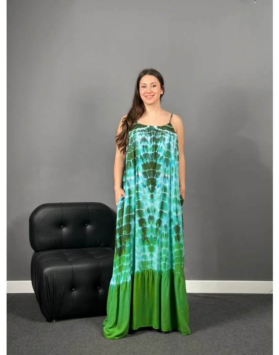 Askılı Yeşil Batik Dokuma Elbise
