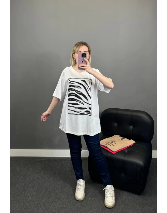 Beyaz Zebra Baskılı Pamuklu Likralı Tshirt