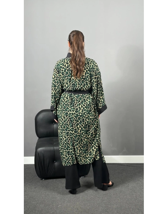 Yeşil Leopar Dokuma Viskon Pamuklu Kimono