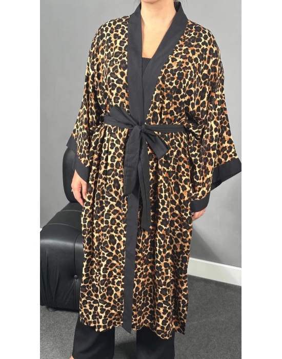 Kahve Leopar Dokuma Viskon Pamuklu Kimono
