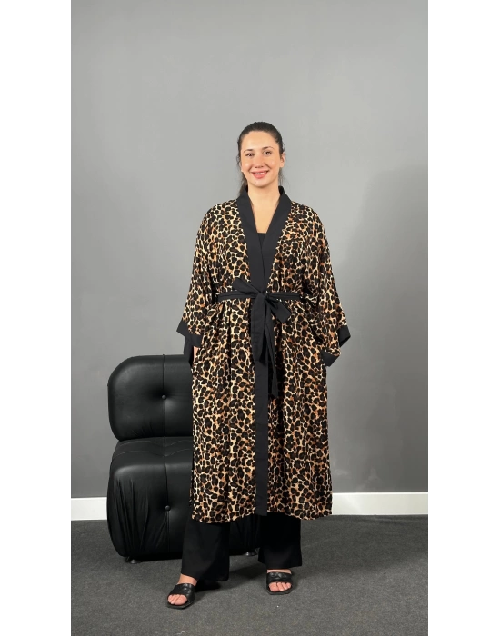 Kahve Leopar Dokuma Viskon Pamuklu Kimono