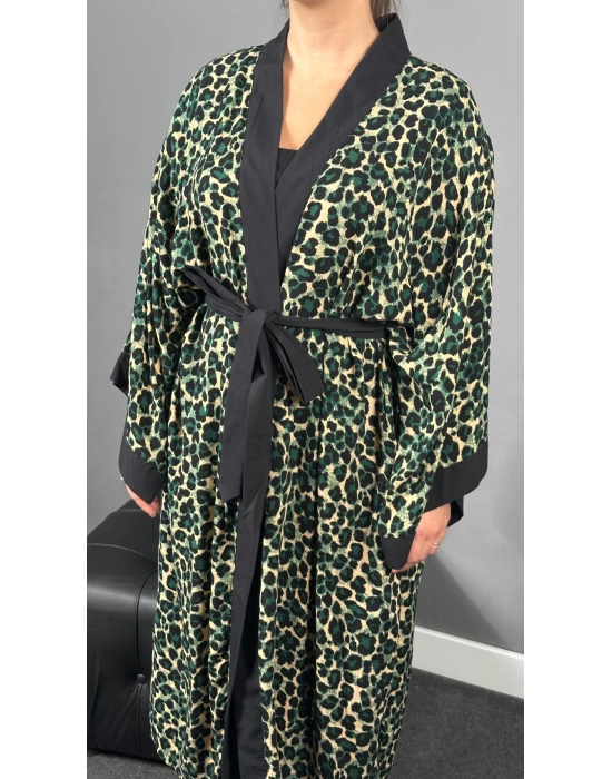 Yeşil Leopar Dokuma Viskon Pamuklu Kimono