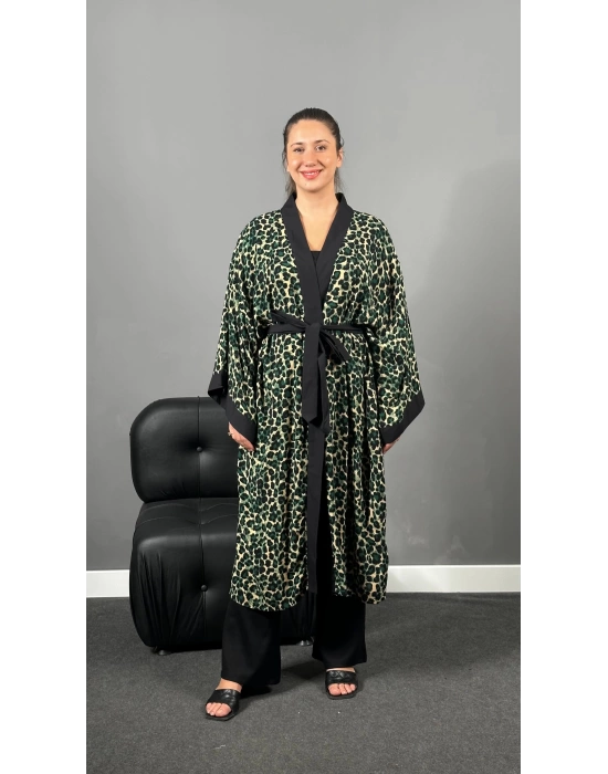 Yeşil Leopar Dokuma Viskon Pamuklu Kimono