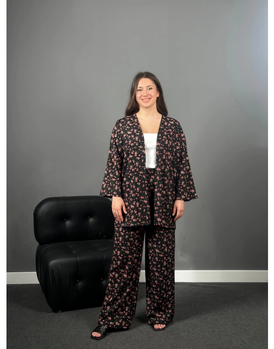 Siyah Kırmızı Çıtır Desenli Kimono Pantolon Takım