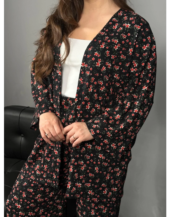 Siyah Kırmızı Çıtır Desenli Kimono Pantolon Takım