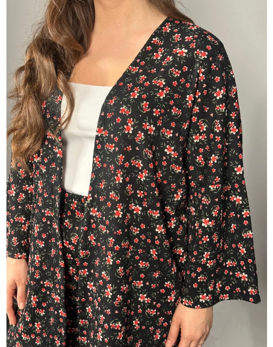 Siyah Kırmızı Çıtır Desenli Kimono Pantolon Takım