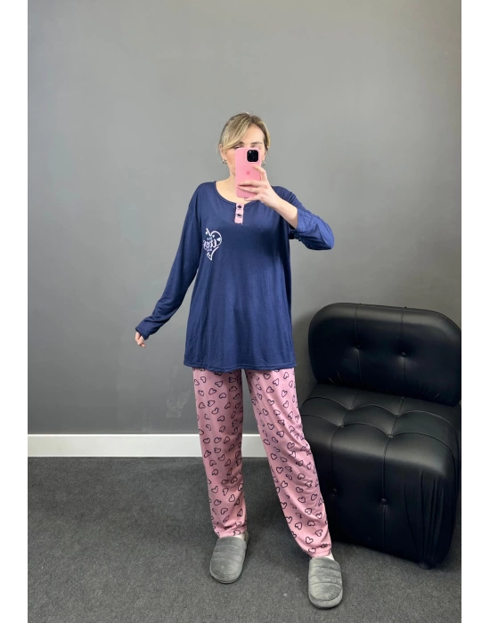 Lacivert Pembe Kalpli Pijama Takımı