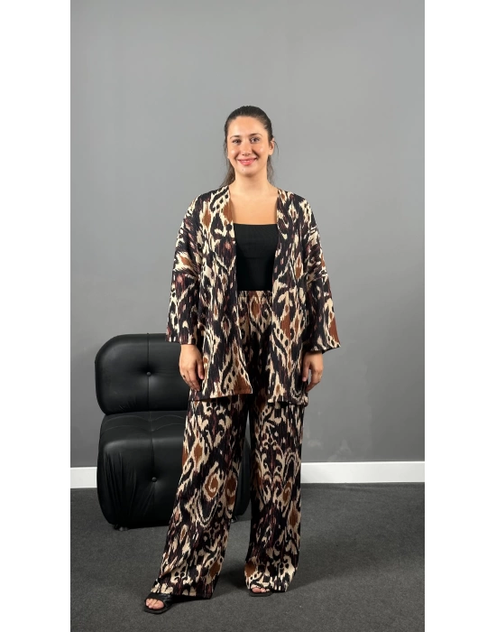 Bordo Alaca Desen Kimono Pantolon Takım