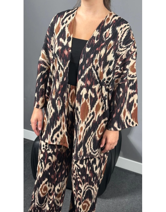 Bordo Alaca Desen Kimono Pantolon Takım