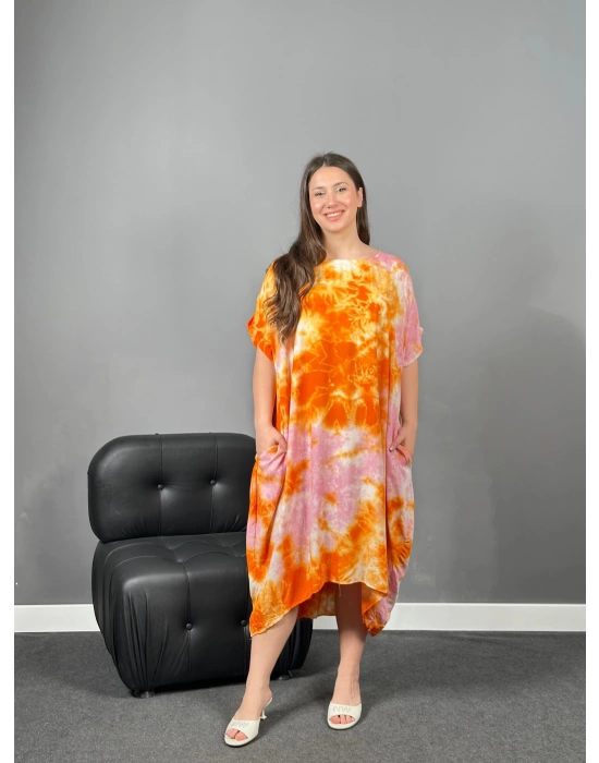 Turuncu Pembe Batik Cepli Viskon Elbise