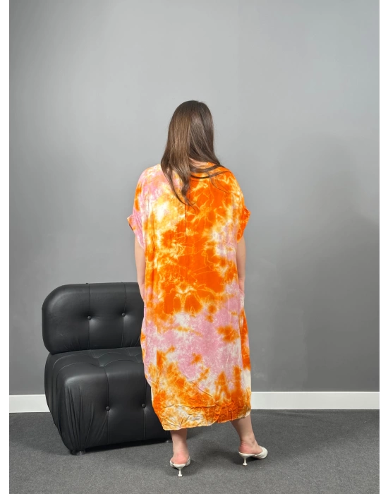 Turuncu Pembe Batik Cepli Viskon Elbise