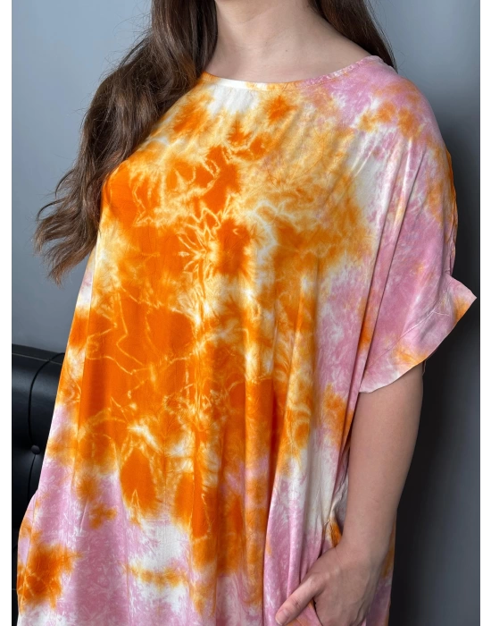 Turuncu Pembe Batik Cepli Viskon Elbise