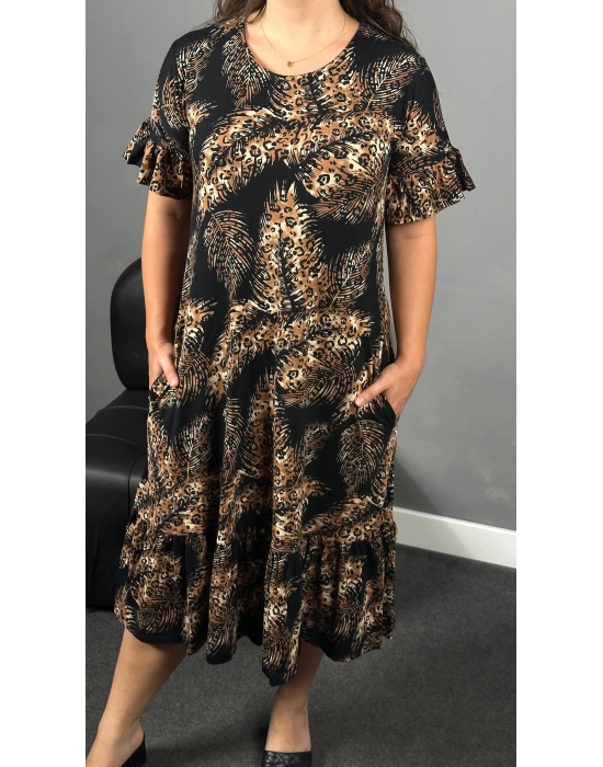 Palmiye Leopar Desen Fırfır Elbise