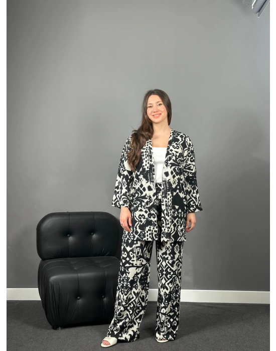 Siyah Alaca Desenli Kimono Pantolon Takım