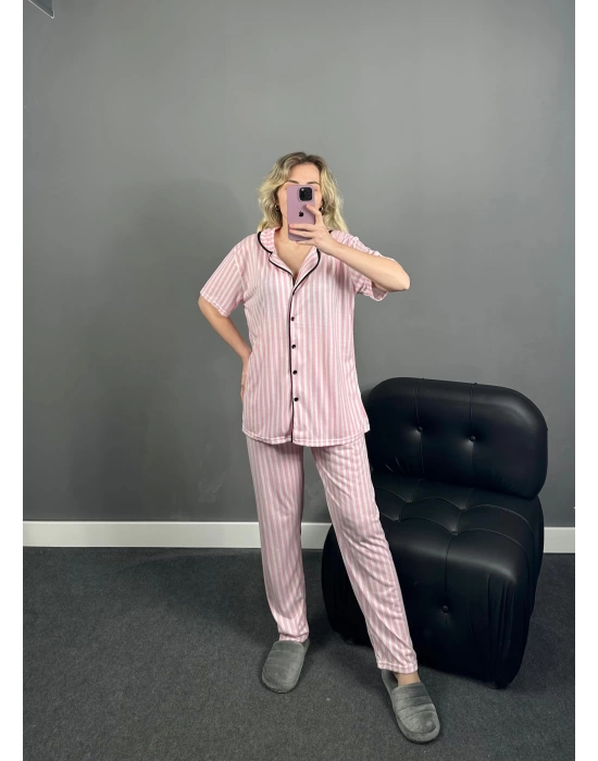 Pembe çizgili Pamuklu Gömlek Model Pijama Takımı