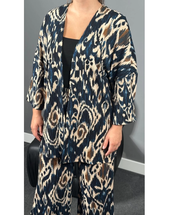Petrol Alaca Desen Kimono Pantolon Takım