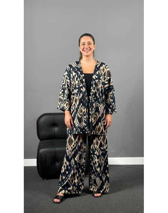 Petrol Alaca Desen Kimono Pantolon Takım
