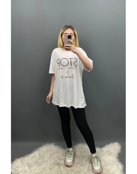 Beyaz Stop Yazılı Basic BB Tshirt