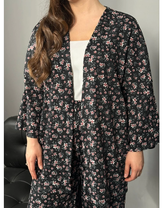 Siyah Pembe Çıtır Desenli Kimono Pantolon Takım