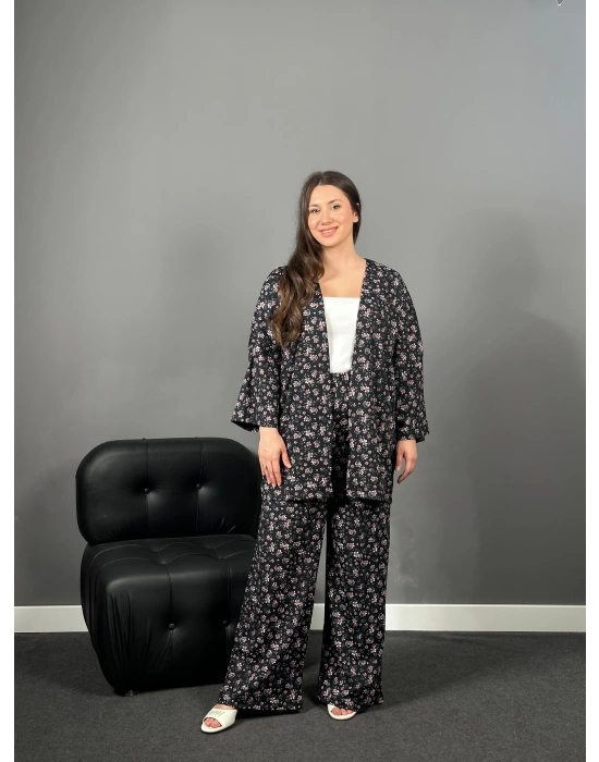 Siyah Pembe Çıtır Desenli Kimono Pantolon Takım