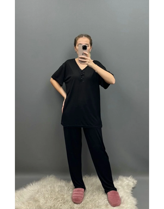 Siyah Bambu Kumaş Uzun Pijama