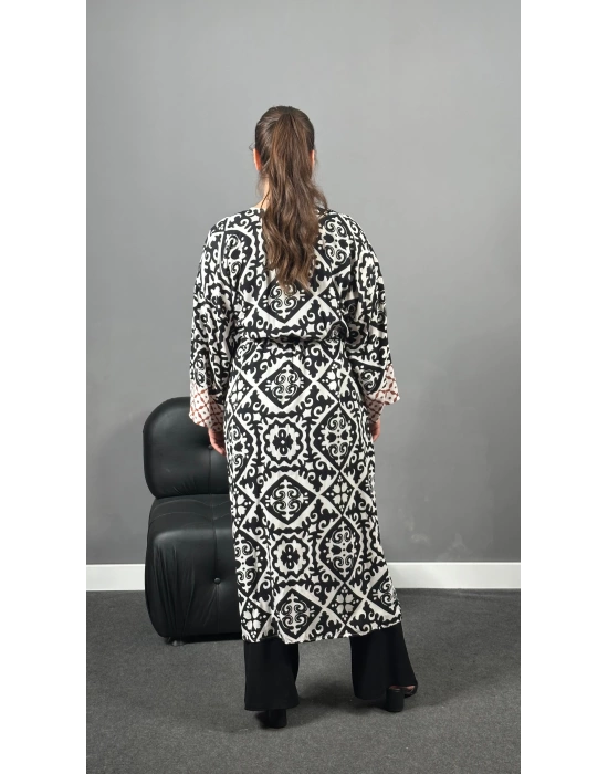 Siyah Beyaz Etnik Desen Dokuma Viskon Pamuklu Kimono