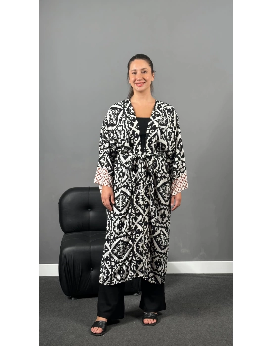 Siyah Beyaz Etnik Desen Dokuma Viskon Pamuklu Kimono