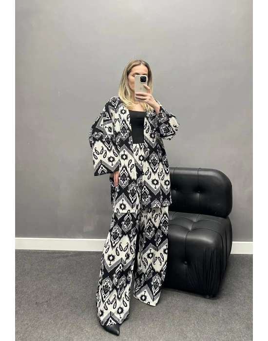 Siyah Desenli Kimono Pantolon Takım