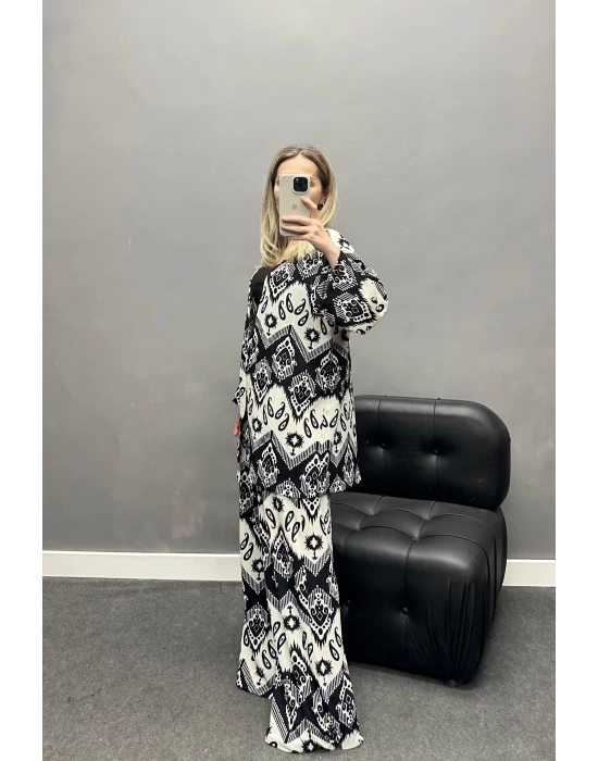 Siyah Desenli Kimono Pantolon Takım