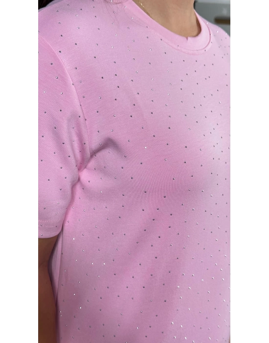Pembe Modal Kumaş Taşlı Elbise