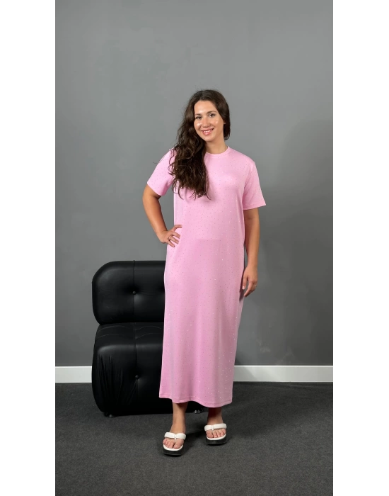 Pembe Modal Kumaş Taşlı Elbise