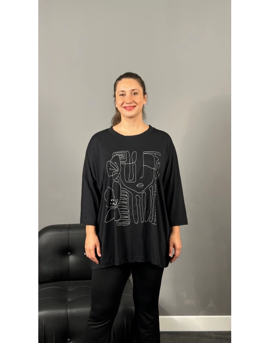 Siyah Oversize Minimalist Nakış Detaylı Tshirt
