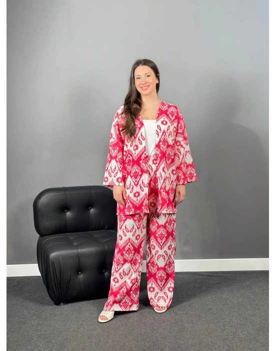 Pembe Beyaz Kimono Pantolon Takım