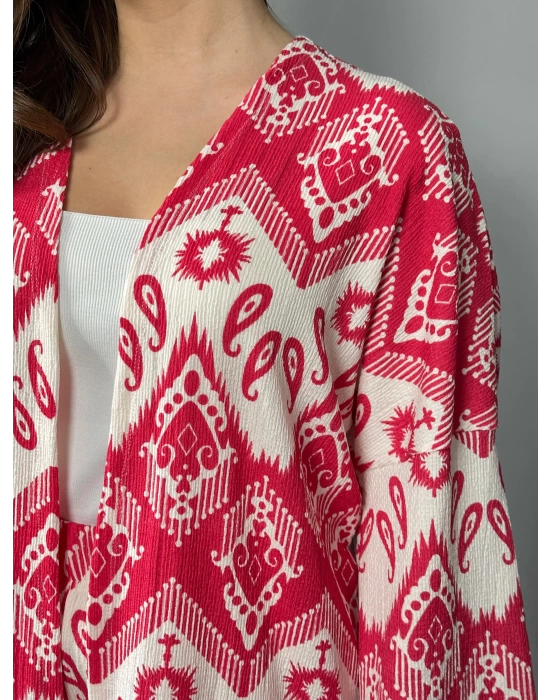 Pembe Beyaz Kimono Pantolon Takım