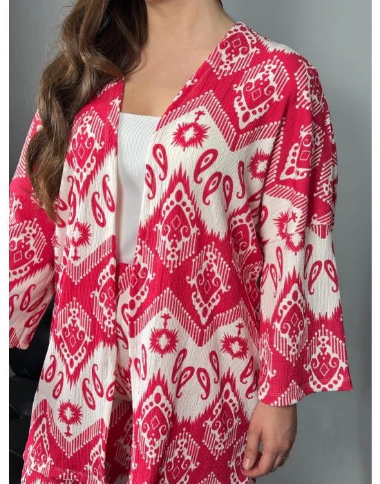 Pembe Beyaz Kimono Pantolon Takım