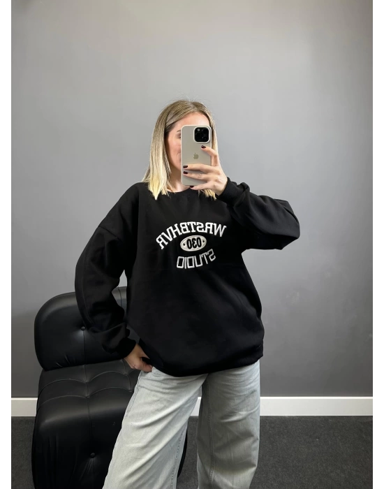 Siyah Yazılı Üç İplik Şardonlu Sweatshirt