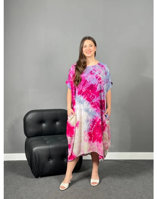 Mor Fuşya Batik Cepli Viskon Elbise