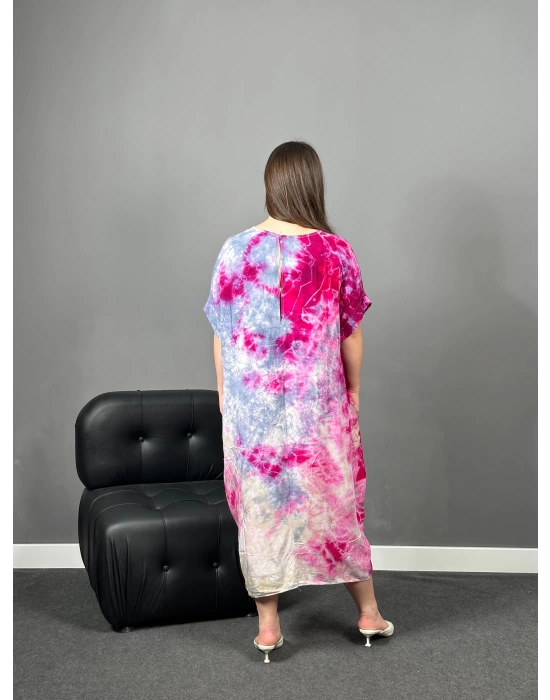 Mor Fuşya Batik Cepli Viskon Elbise