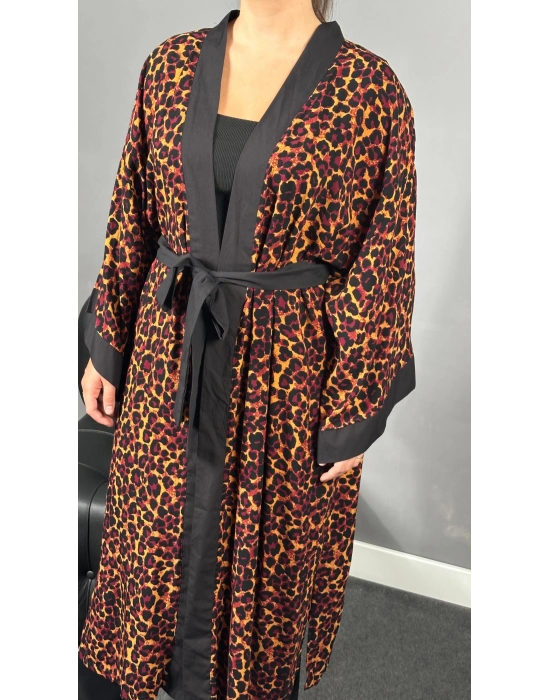 Bordo Leopar Dokuma Viskon Pamuklu Kimono